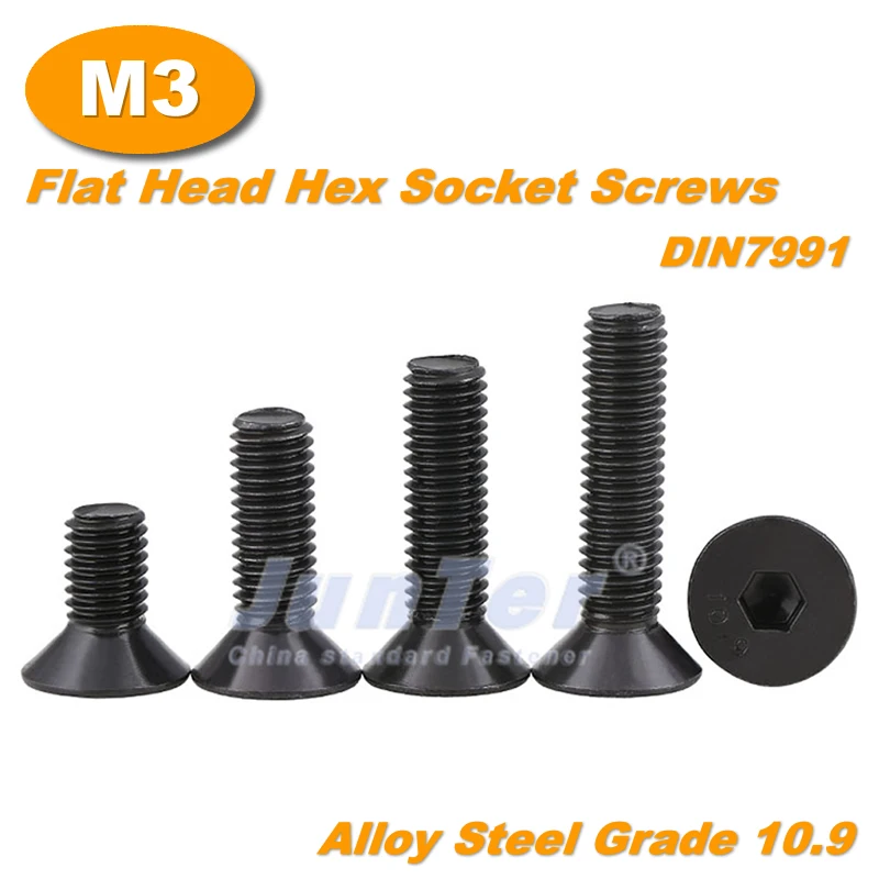

500pcs/lot M3(3mm) Black Alloy Steel Grade10.9 High Tensile Flat Allen Bolts Hexagon Socket Countersunk Head Screws DIN7991
