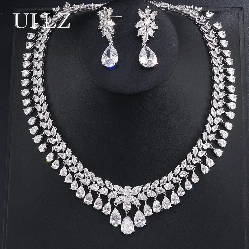 

UILZ Fashion Luxury Design Sliver Color Water Drop Shape Cubic Zircon Earring Necklace Wedding Jewelry Set Women Elegant JMSP110
