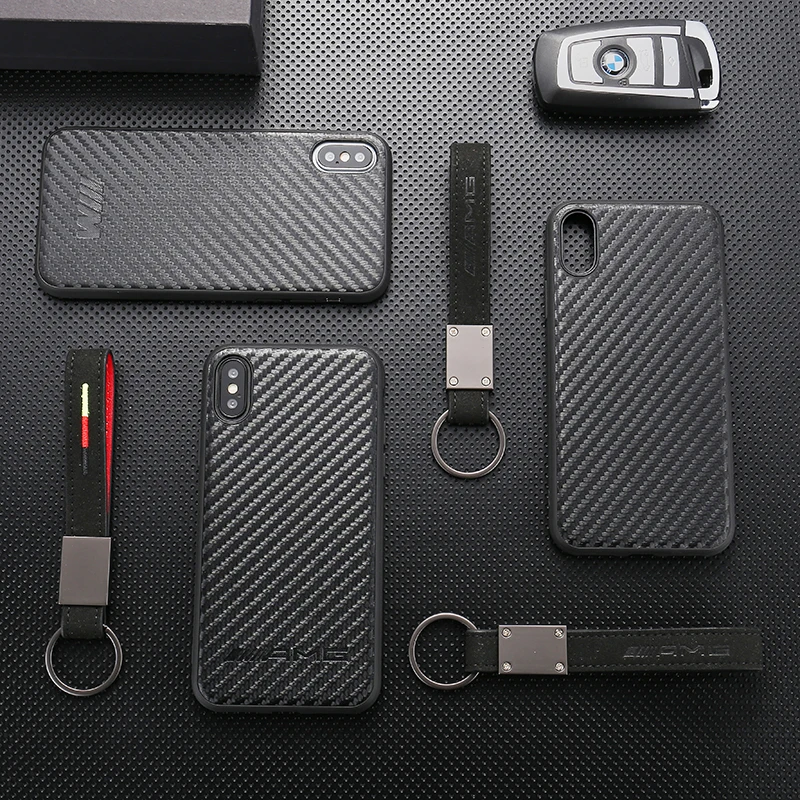 Luxury car Motorsport carbon fiber cover case for iphone 6 6S plus 7 7plus 8 8plus X XR XS Max AMG Flip fur keychain phone coque