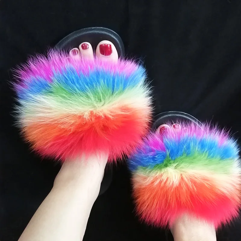 Women Fox Fur Slippers Real Fox Fur Slides Lovely Plush Slippers Woman Summer Home Sandals Women Fur Slides Furry Flip Flops Hot