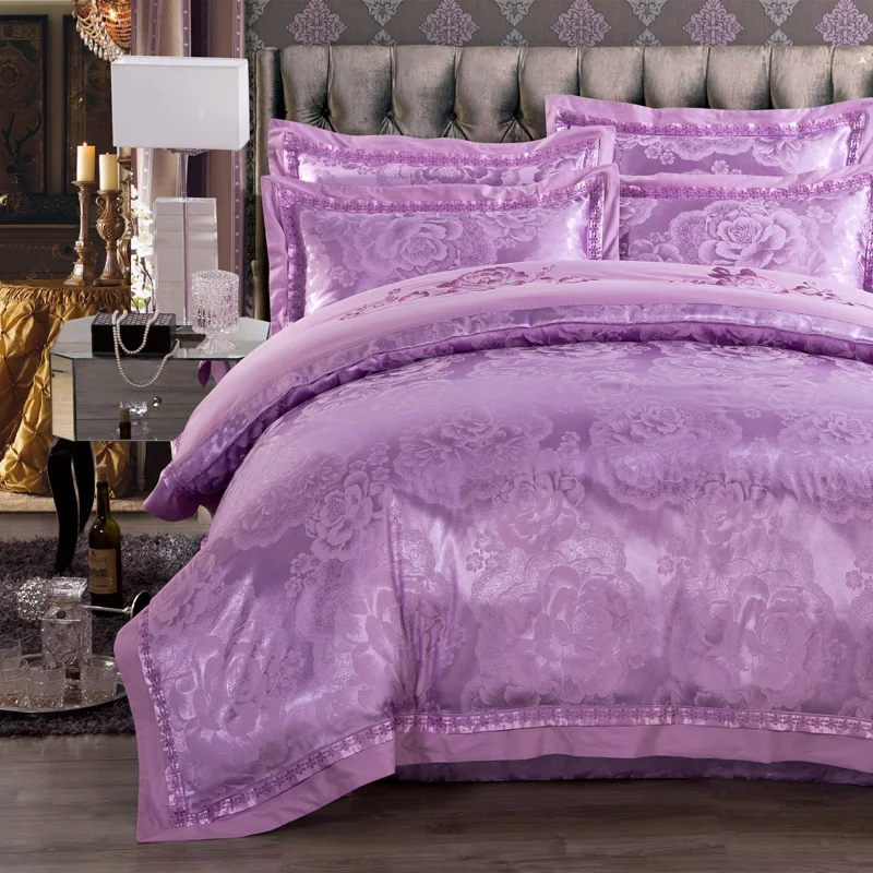 luxury purple Embroidery bedding sets Jacquard satin cotton duvet cover full king sizes bed spreads sheets adult wedding 4/5pcs