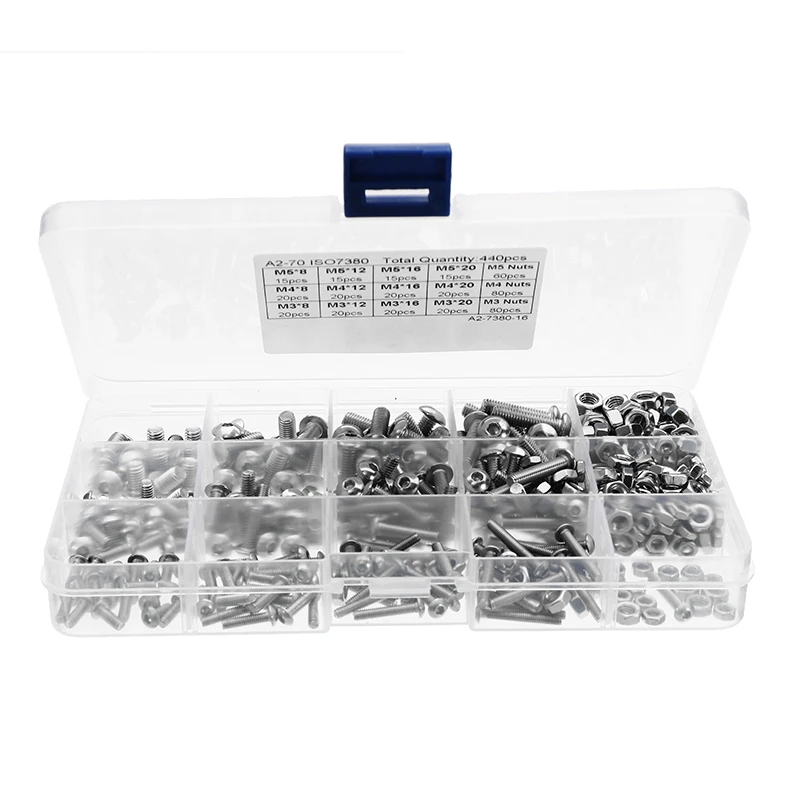 

440Pcs M3/M4/M5 Stainless Steel Button Head Hex Socket Cap Screws Bolts Nuts Assortment Kit
