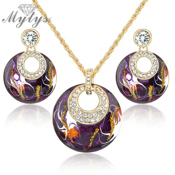 

Mytys Retro Vintage Enamel Jewelry sets Earrings Necklace Set Purple Jewelry GP N943
