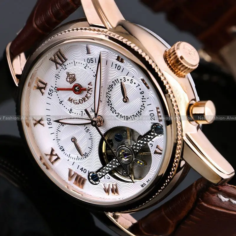 ORKINA Fashion Erkek Kol Saati Men s Rose Gold White Month Date Day Tourbillion Automatic Mechanical