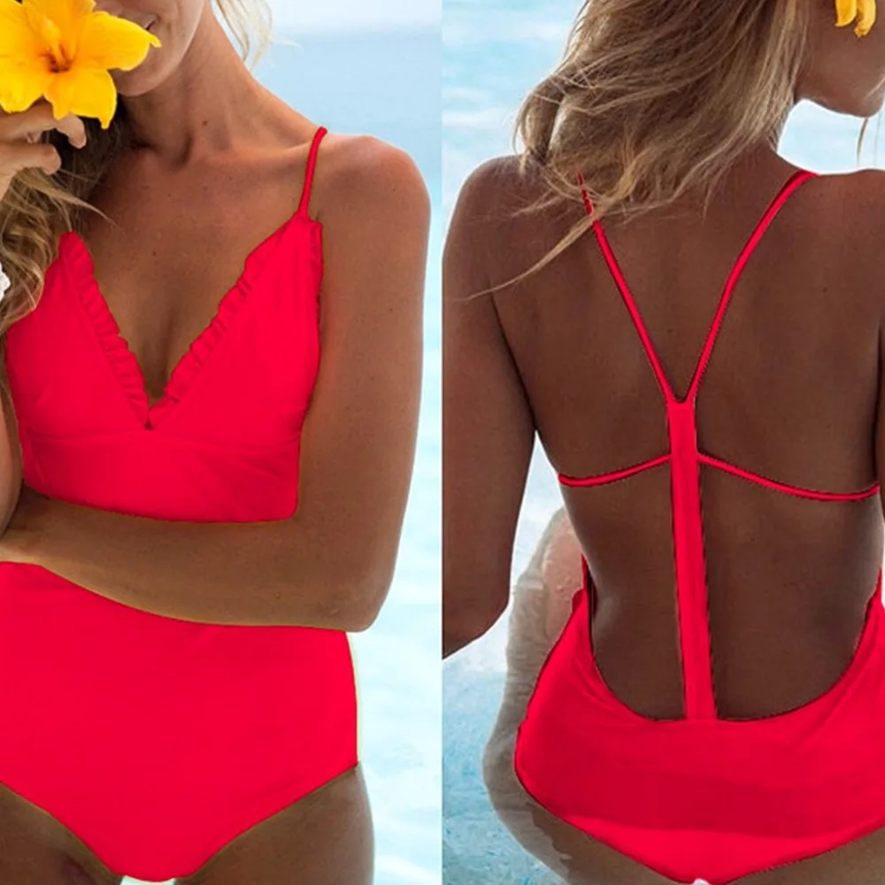 

2019 Womens Sexy Bikini Pleated Ruffles Patchwork V-Neck Fluorescent Solid Color Large Open Back Swimwear Bathing Suit