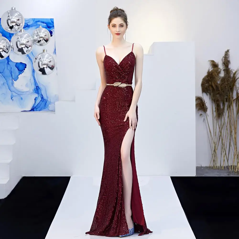 

2019 Sexy V-neck Sleeveless Split Long Evening Dress Strap Sequins Prom Party Dress Green/Black/Navy/Gold/RED LF461