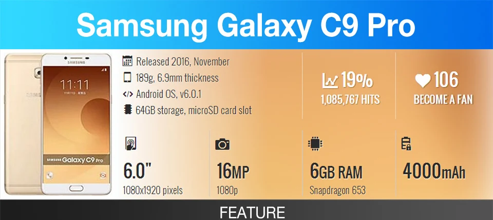 samsung Galaxy C9 Pro, разблокированный, 6,0 дюймов, 6 ГБ ram, 64 ГБ ram, LTE, 4G, 16,0 Мп камера, четыре ядра, 4000 мАч, Android 6,0, смартфон