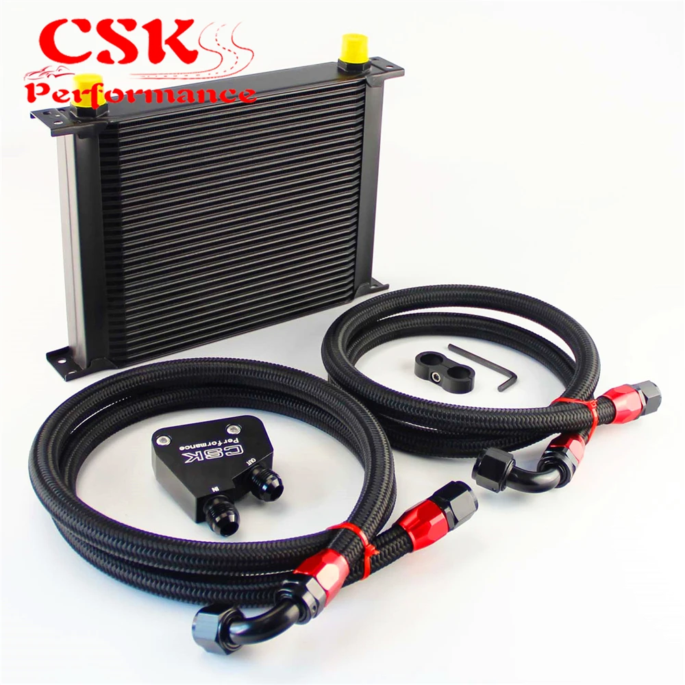 

30 Row 248mm AN10 British Oil Cooler Kit+Male Sandwich Plate Adapter Fits For LS1 LS2 LS3 VT VX VY VZ VE 5.7L Black/Silver