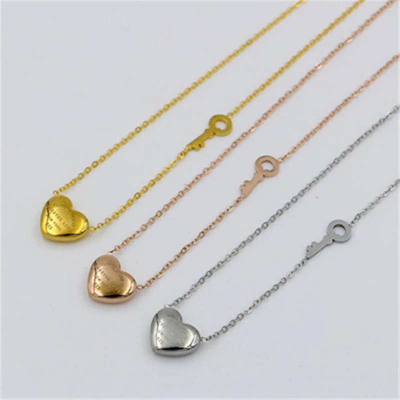 

Women Jewelry Couple Forever Love Letter Short Necklace For Women Heart Key Pendant Necklace Stainless Steel Statement Clavicles