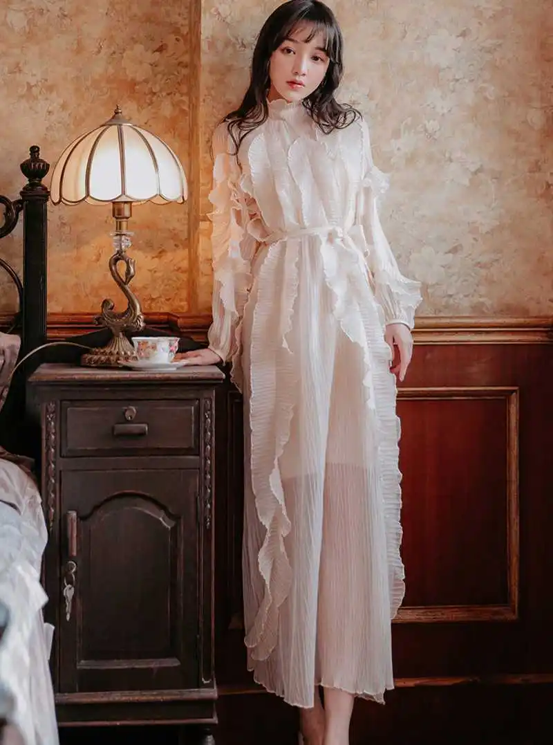 Высококачественное подиумное платье весна лето женское элегантное белое Плиссированное длинное платье макси с длинным рукавом