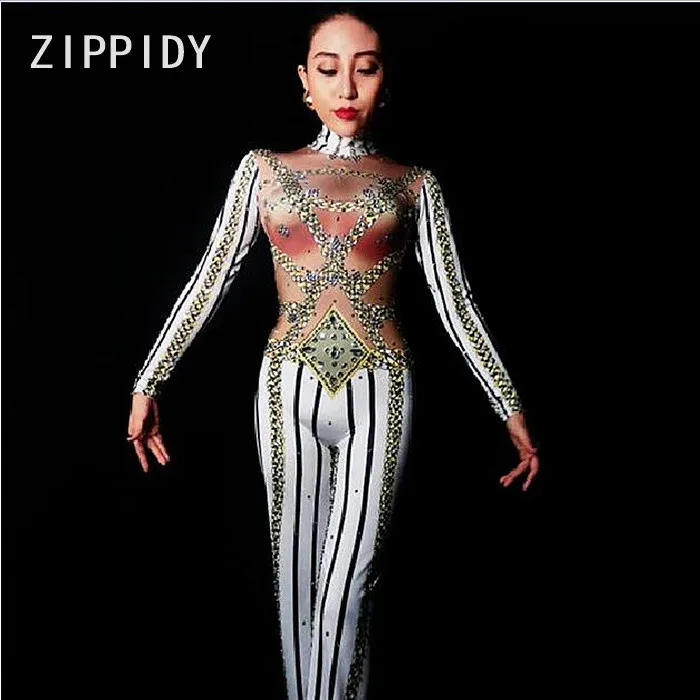 black-white-striped-chains-printed-stones-jumpsuit-nightclub-female-singer-dance-ds-outfit-women's-party-sexy-stretch-stage-wear