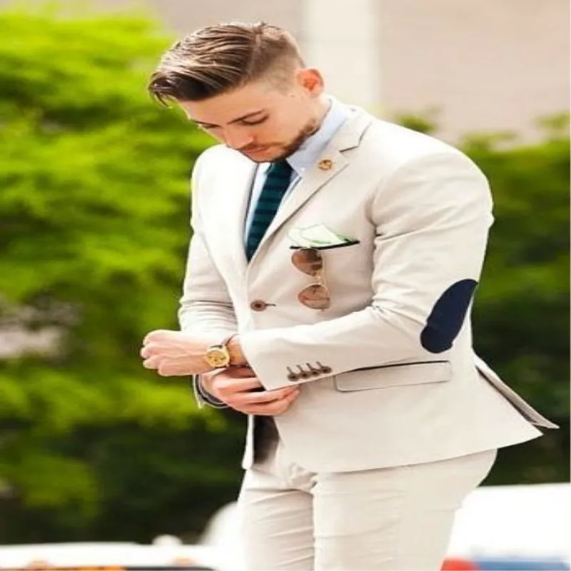 Latest Coat Pant Designs Beige Groom Tuxedos elbow patches 2 Pieces ...