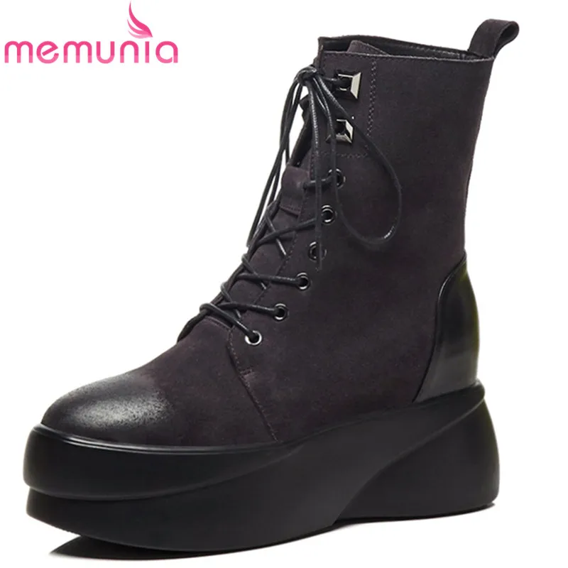 

MEMUNIA 2018 new arrival ankle suede leather boots for women lace up boots warm autumn winter boots comfortable shoes woman