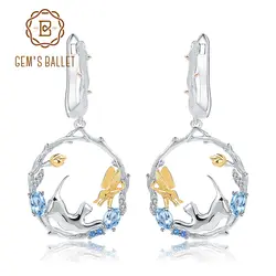 GEM'S BALLET 1.17Ct натуральный Швейцарский Голубой Топаз Серьги ювелирные изделия 925 пробы Серебряный Кот и бабочка висячие серьги для женщин Bijoux