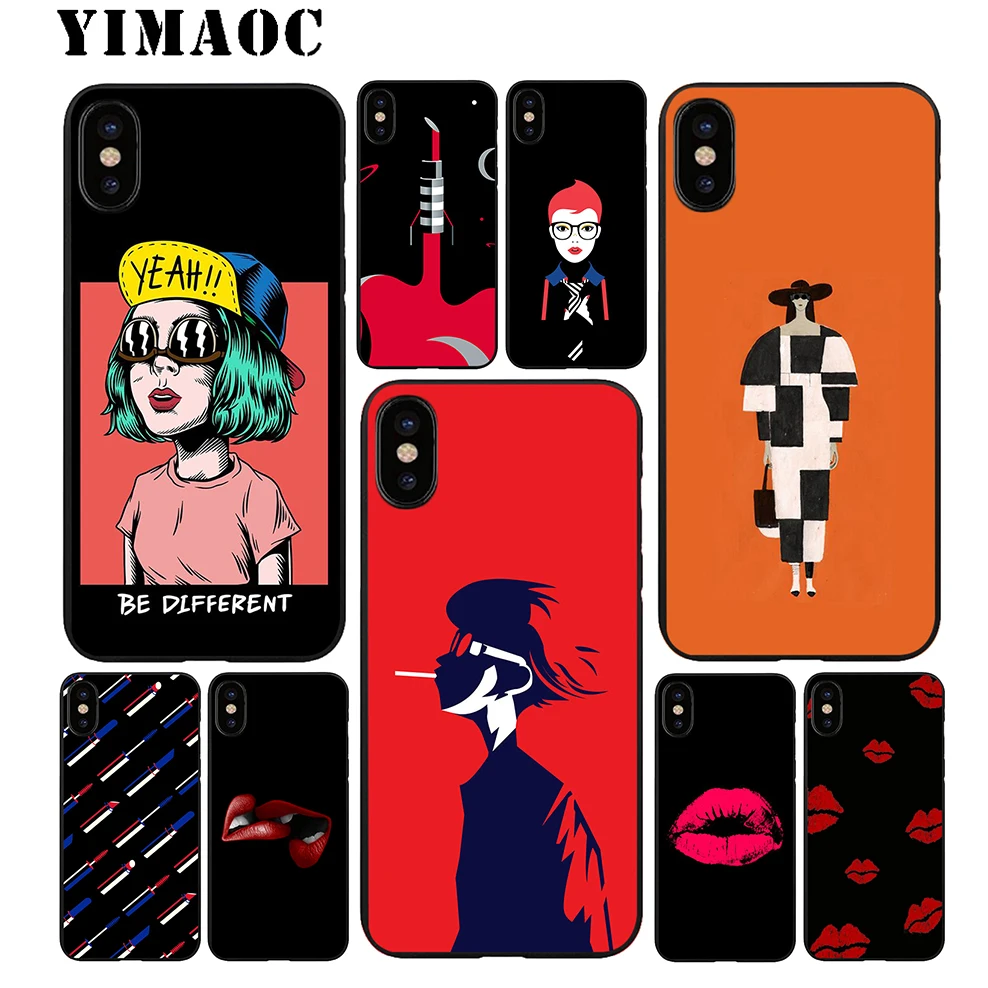 YIMAOC Lipstick Sweet Girl Soft TPU Black Silicone Case for iPhone X or 10 8 7 6 6S Plus 5 5S SE Xr Xs Max |