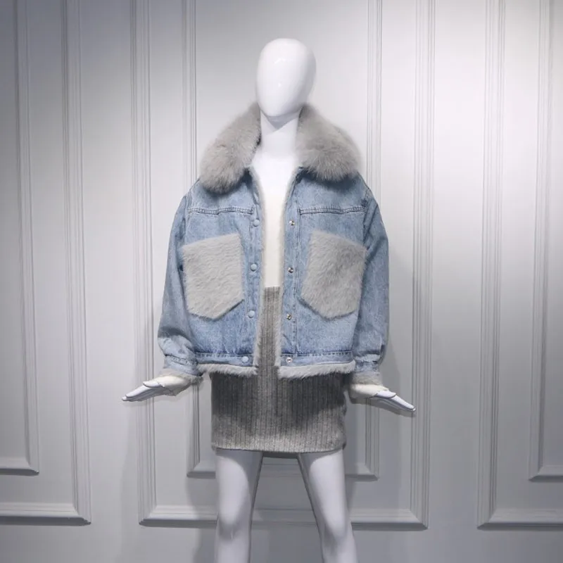 

2019 New Winter Fur Pockets natural Real Fox Fur Thick warm short Denim Jacket Women short Coat chaqueta mujer NZY29