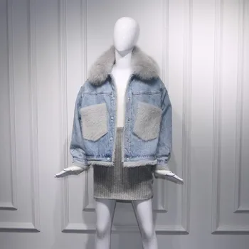 

2020 New Winter Fur Pockets natural Real Fox Fur Thick warm short Denim Jacket Women short Coat chaqueta mujer NZY29