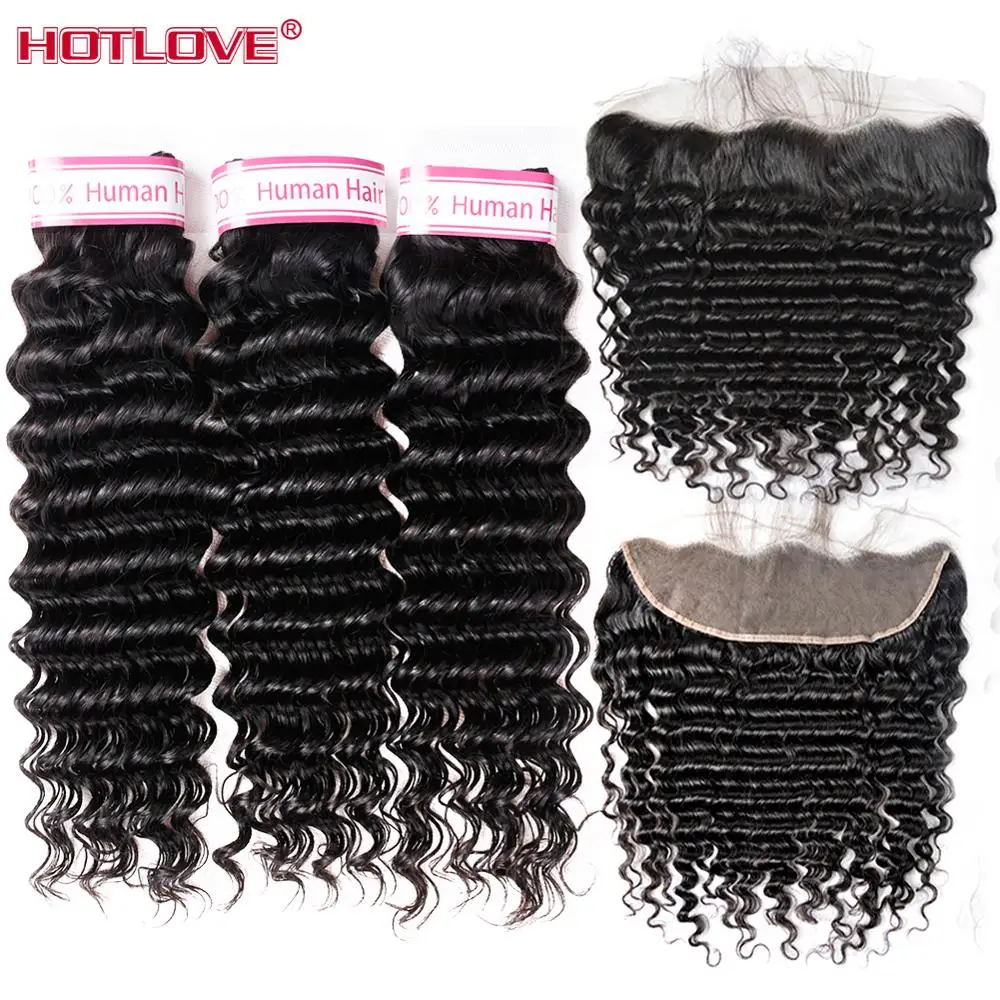 

Brazilian Deep Wave Bundles With Frontal 13x4 Ear to Ear Lace Frontal With 3 Bundles 100% Human Hair Extension Remy Hair