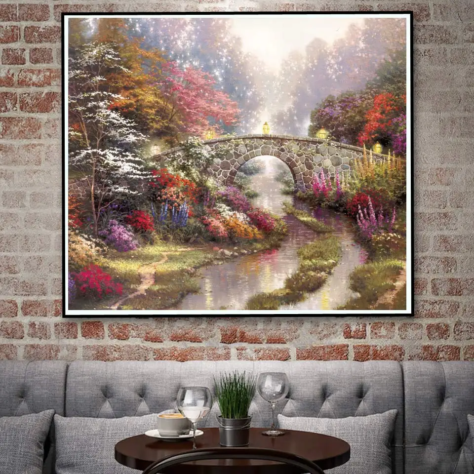 Томас Кинкейд мост цветы поток ландшафтное Искусство Шелковый плакат домашний Декор картина маслом 14x16 20x23 32x37 дюймов без рамы - Цвет: 034