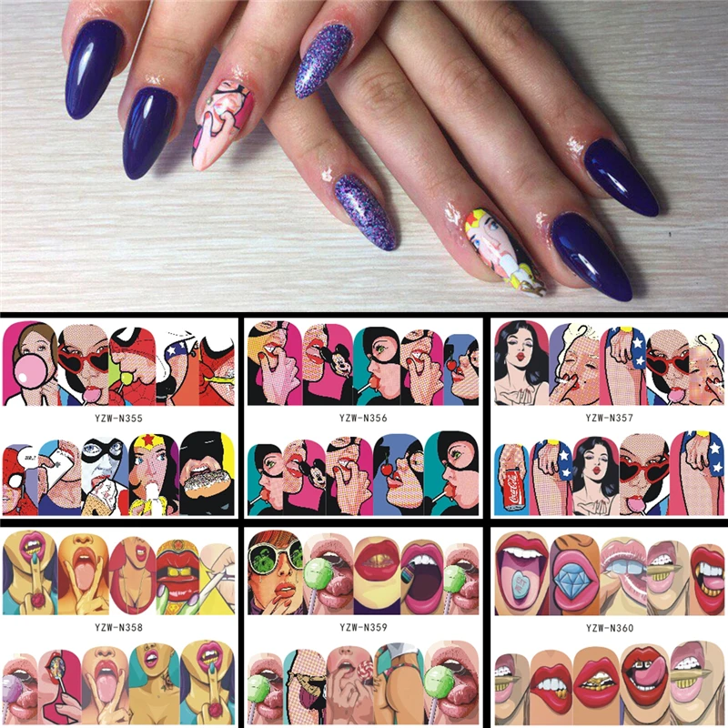 

6 Designs in 1 Nail Sets Fashion Sticker Full Cover Lips Cute Printing Water Transfer Tips Nail Art Decorations 2019 New