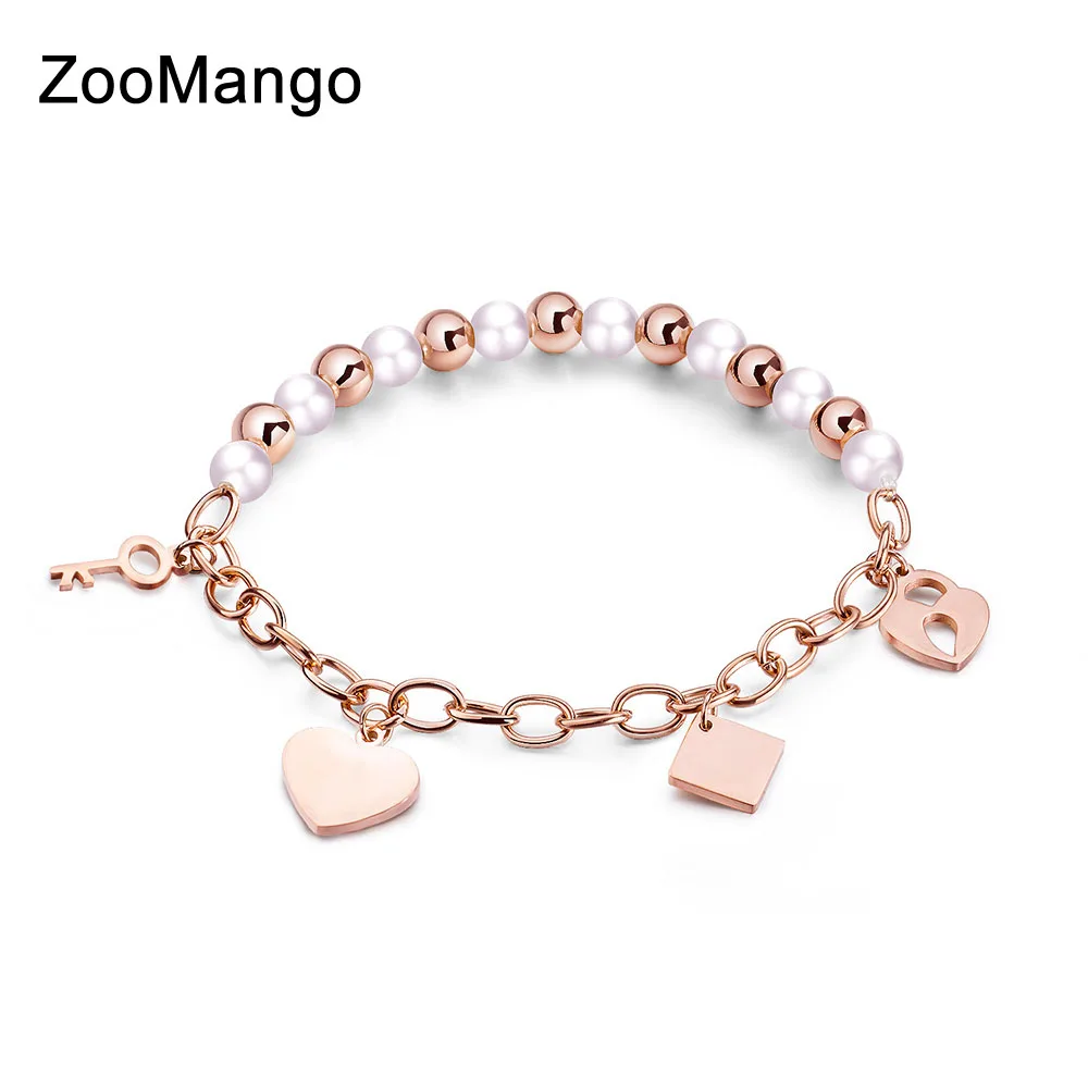 

ZooMango Fashion Simulated Pearl Key Lock Love Heart Charm Bracelet Bangle Jewelry For Girl Stainless Steel Diy Bracelet ZOGS993