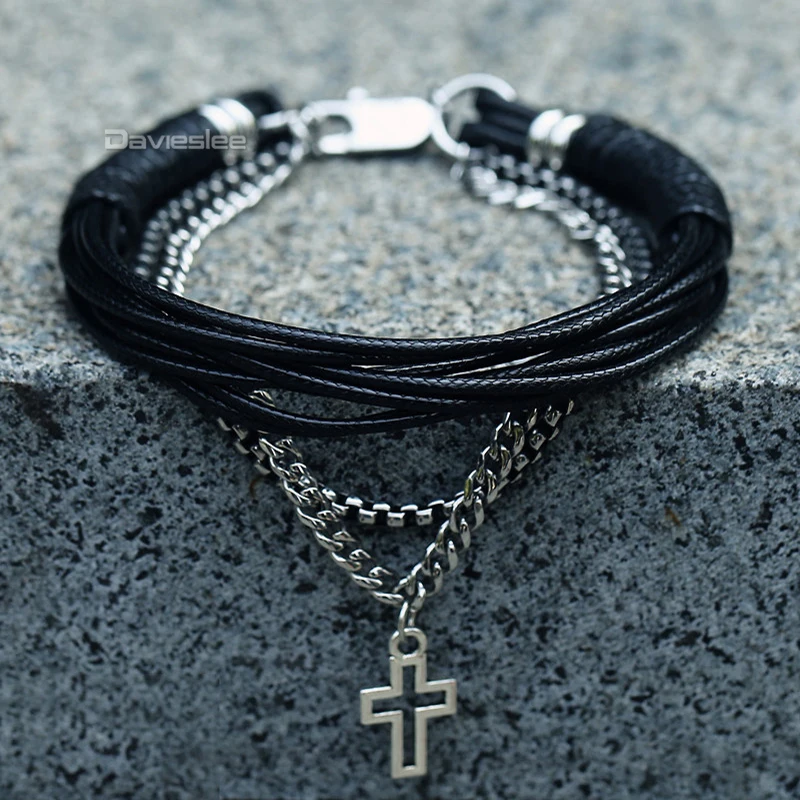 

Davieslee Cross Charm Bracelet for Men Triple Layers Chain Stainless Steel Gunmetal Mens Gift LDLB55