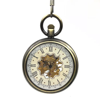 

Elegant Retro Fob Chain Bronze Tone Roman Numbers Skeleton Hand Winding Mechanical Pocket Watch Flower Dial Open Face Watch