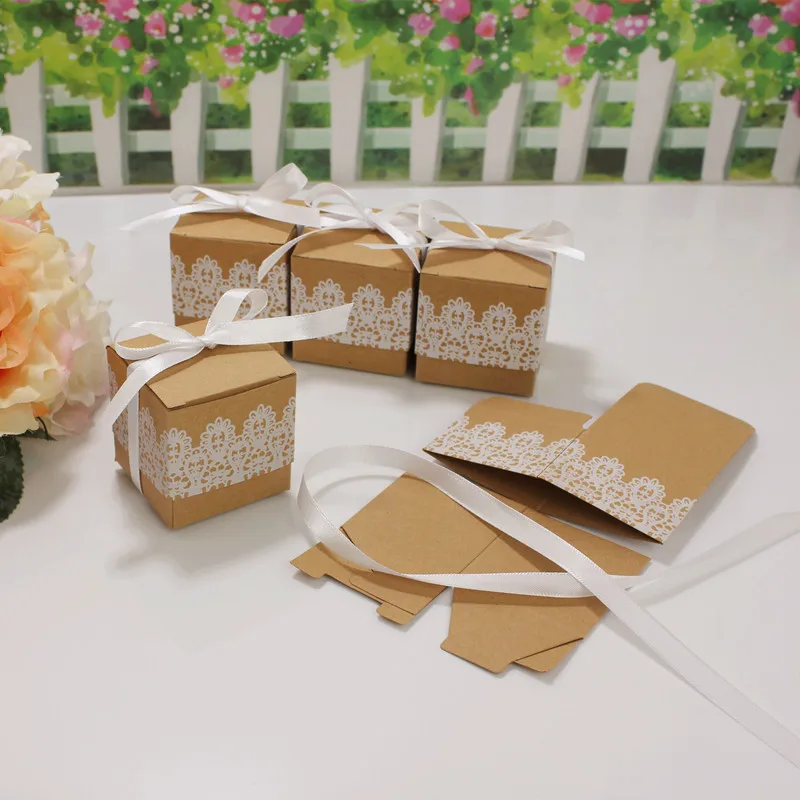 

20pcs Lace Bow Candy Dragee Box Flower Kraft Paper with Ribbons Wedding Gift Box Mini Single Cake Chocolate Cookie Box Packaging