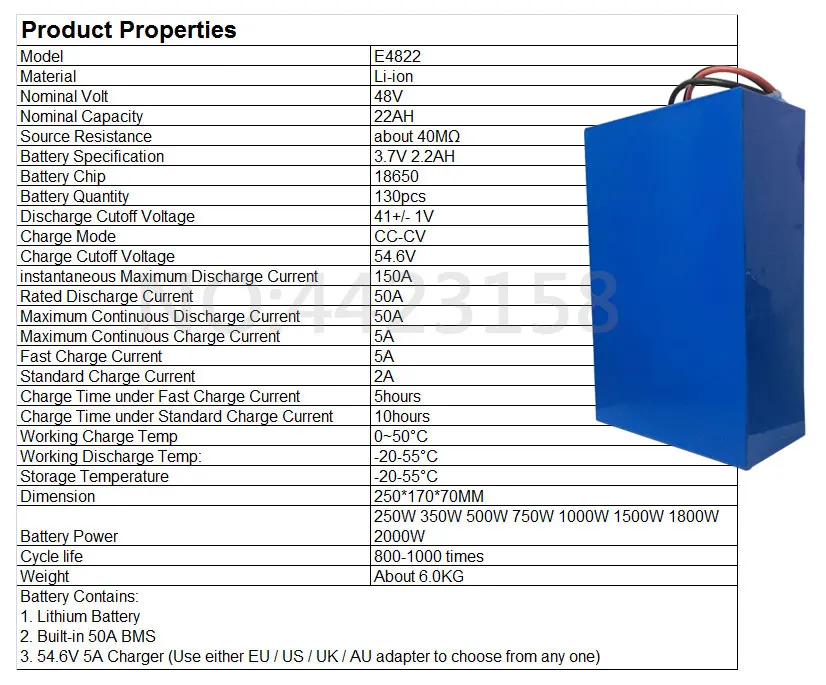 Таможенный налог 48V 1500W 2000W Батарея 48V 22AH Электрический велосипед Батарея 48V 22AH литий-ионный аккумулятор с 50A БМС+ 54,6 V 5A зарядки
