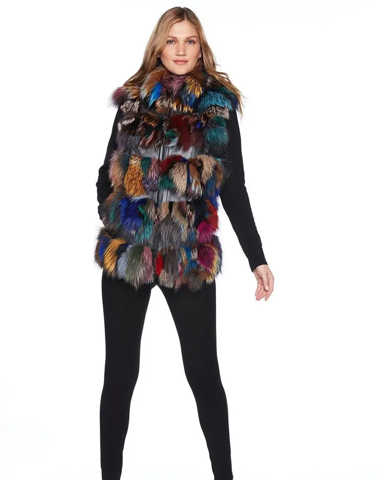 Модный жилет из натурального Лисьего меха с воротником, верхняя одежда средней длины, милая разноцветная уличная Женская куртка без рукавов