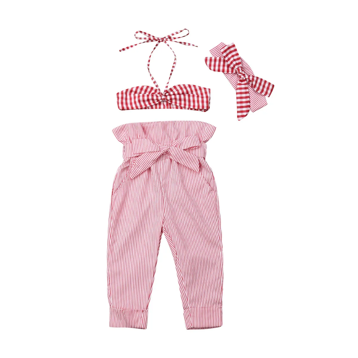 

3PCS Set Kids Baby Girl Striped Strap Crop Tops High Waist Strip Pant Trouser Headband Outfits Summer Clothes