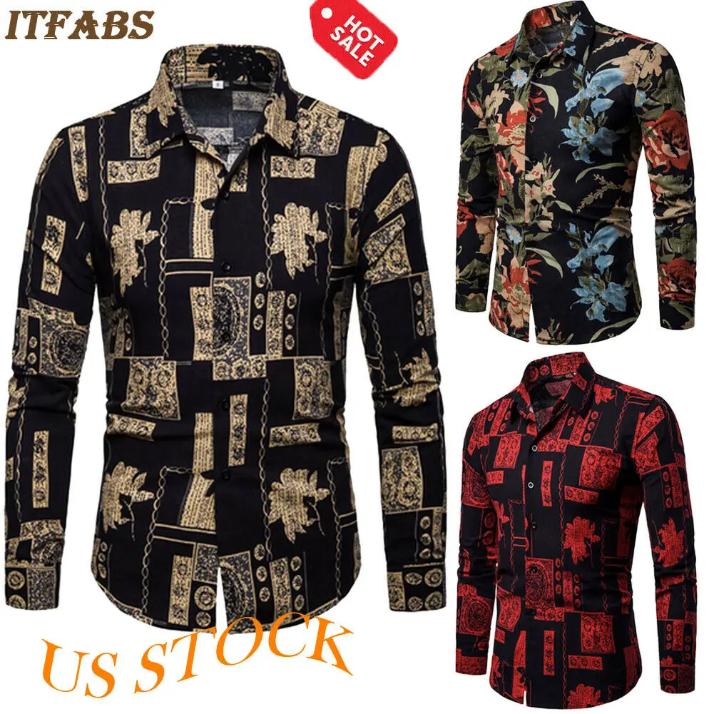 

Mens Casual Shirt Long Sleeve Slim Fit Floral Shirts Cotton Dress Shirts Tops Hot Sale