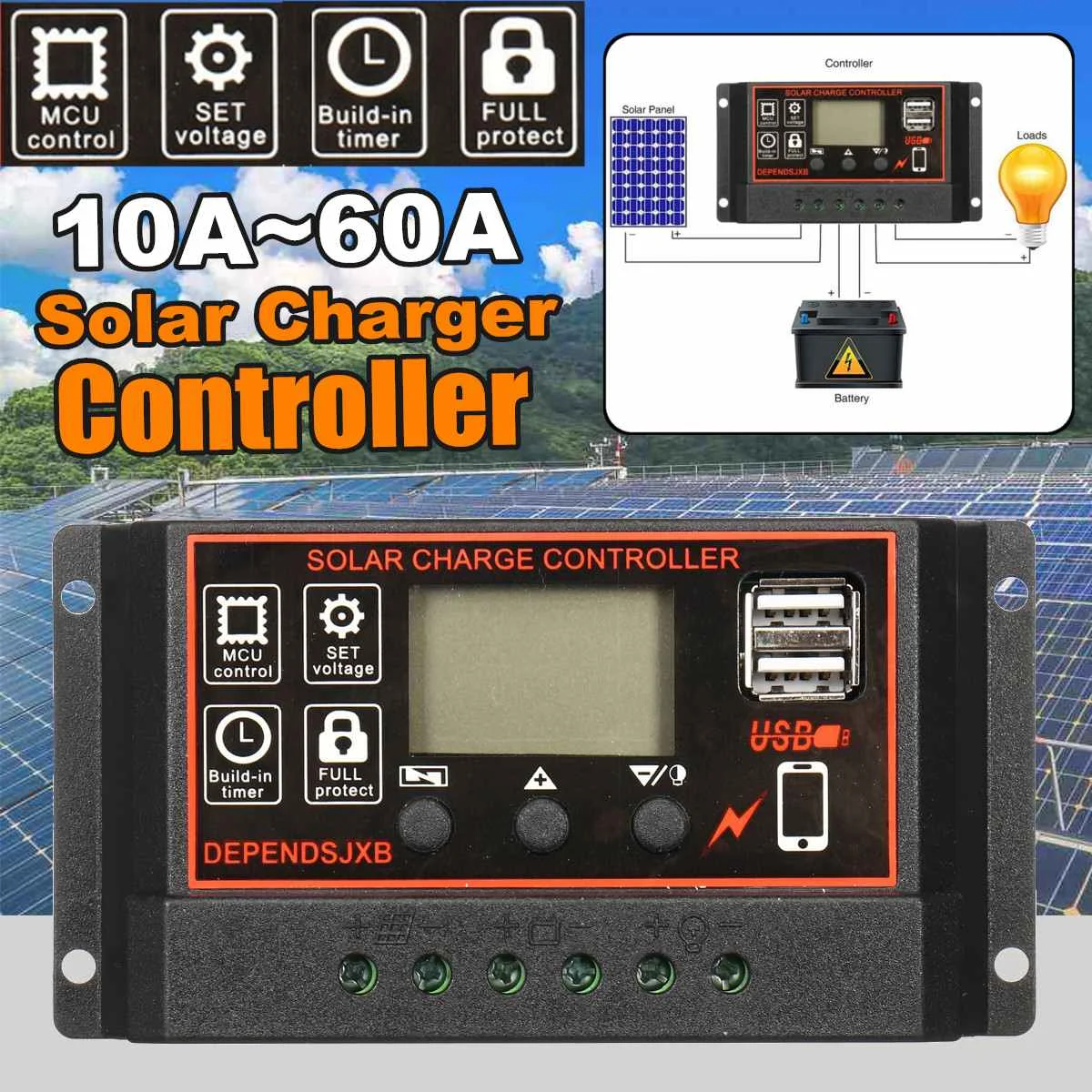 

60A/50A/40A/30A/20A/10A Auto Solar Charge Controller PWM Controllers LCD Display Dual USB Solar Panel PV Regulator 12V 24V