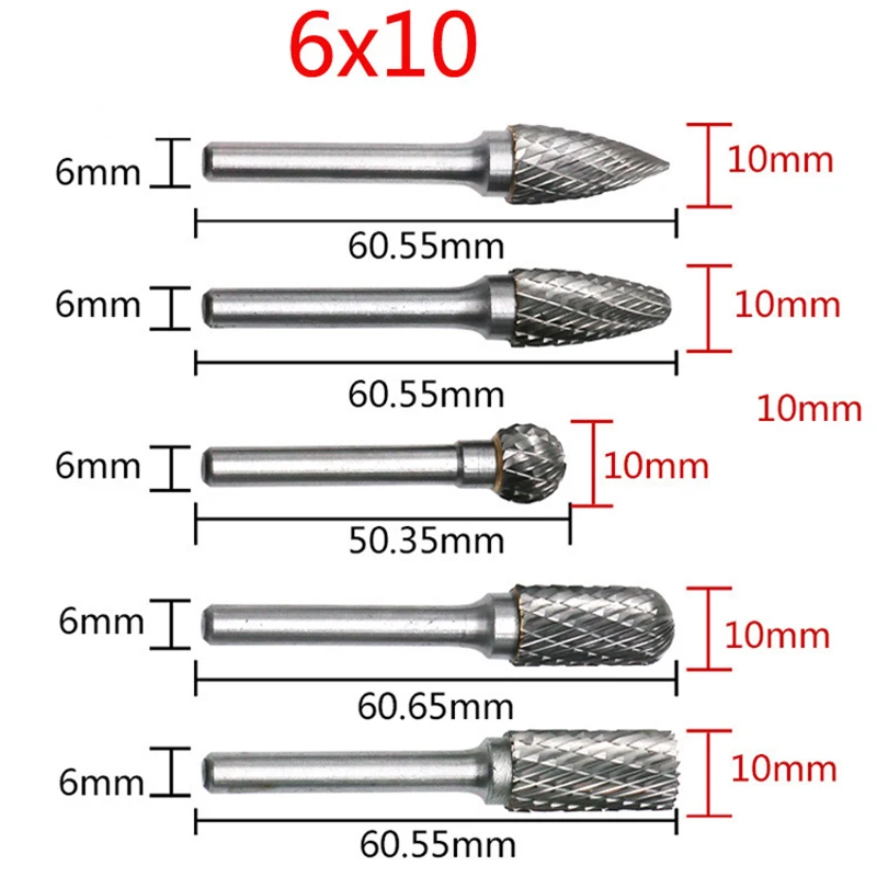 

New Carbide Tungsten Steel Grinding Head 6x10 6x12mm Rotary Boring Cutter Woodworking Wood Carving Carving Knife 5Pcs / Set
