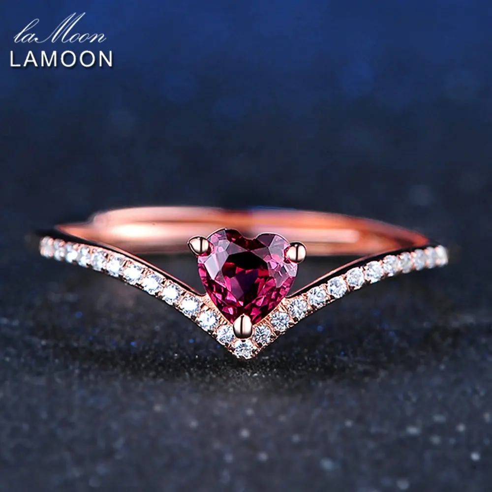 

LAMOON 4mm 0.3ct 100% Natural Heart cut Red Garnet Ring 925 Sterling Silver Ruby Fine Jewelry Romantic Wedding Bands Women Rings