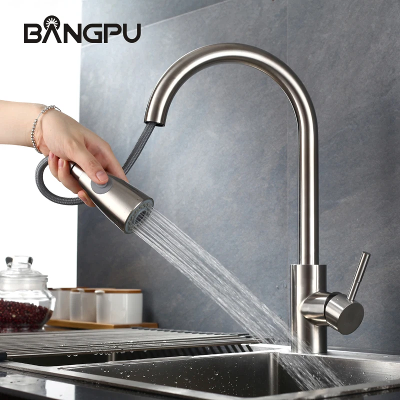 

Class 304 stainless steel pull out the faucet hot and cold smoked pull kitchen faucet scalable basins sink tap Brushed