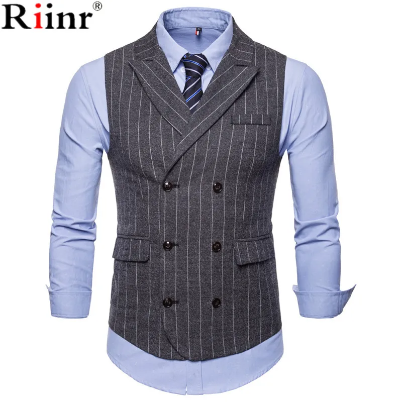 

Riinr 2019 Autumn and Winter New Retro Wind Collar Collar Striped Men's Casual Double-Breasted Vest Suit Vest Men Jacket Plus