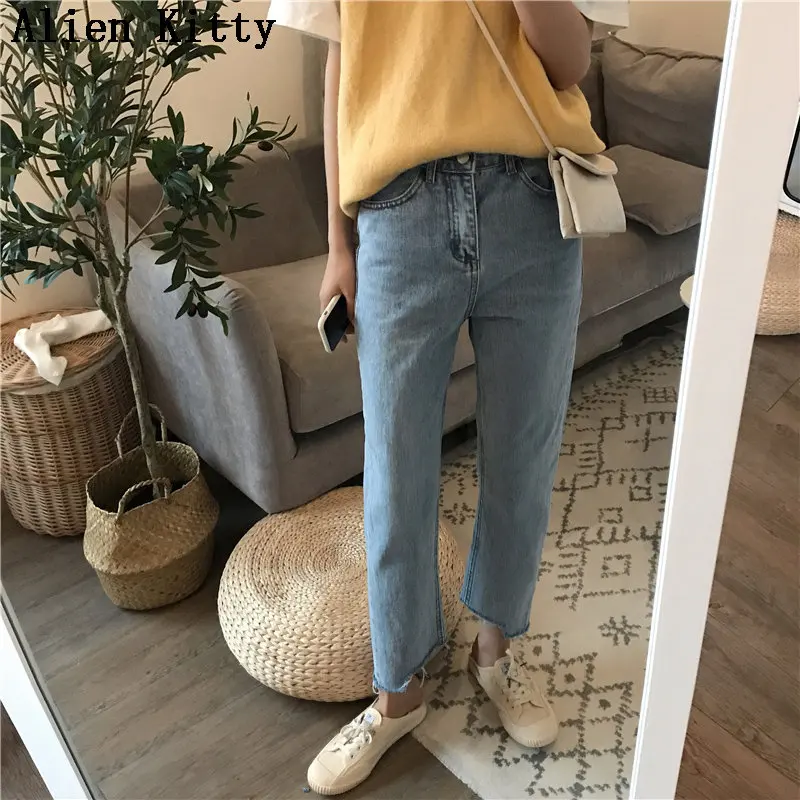 

Alien Kitty New Vintage High Waist Irregular All-Match Female Loose Simple Denim Straight Plus Pants