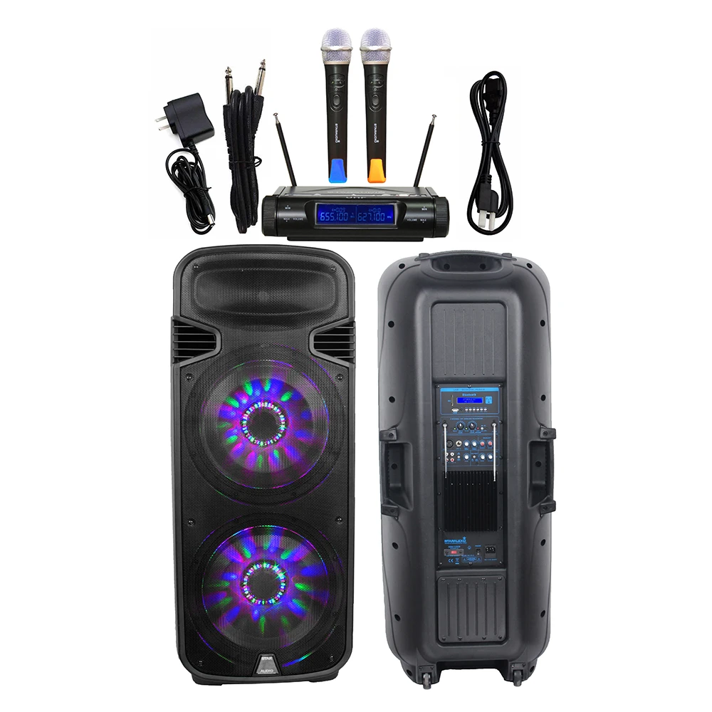 

STARAUDIO 4500W Dual 15" Active DJ Powered BT USB Speaker Audio RGB Light Speaker 2CH UHF Wireless Handheld Microphone SDM-15RGB