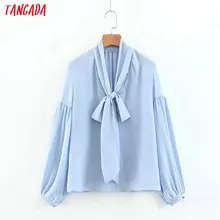 Tangada романтичная блузка голубая блузка синяя блузка блузка с объемными рукавами объемные рукава блуза с бантом блуза оверсайз офисный стиль элегантная блуза шелковая блузка SL62