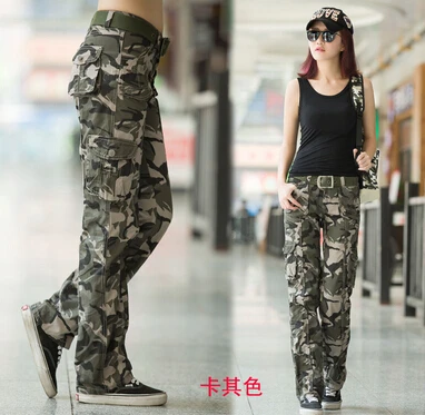 Женская одежда, повседневные брюки-карго, прямые брюки, женские камуфляжные военные брюки с несколькими карманами, летние комбинезоны - Цвет: Khaki