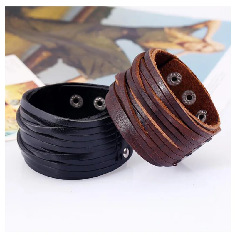 Hollow Double Wide Leather Bracelets For Women Men Female Braid Rope Adjustable Bracelet PUNK Pulseira Jewelry Party Gift | Украшения и