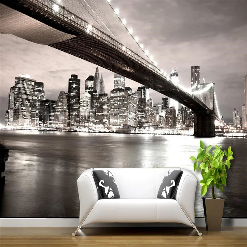 Beibehang Papel de Parede Mural Adesivo da Cidade Americana Ponte Movimentada Noite 3d Preto e Branco Clássico Pano de Fundo