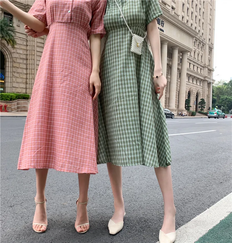 A Line Dresses Woman Summer Cute Japan Korean Style Prairie Sweet Preppy Design Button Shirt Dress Bow Ribbon Tie 7515