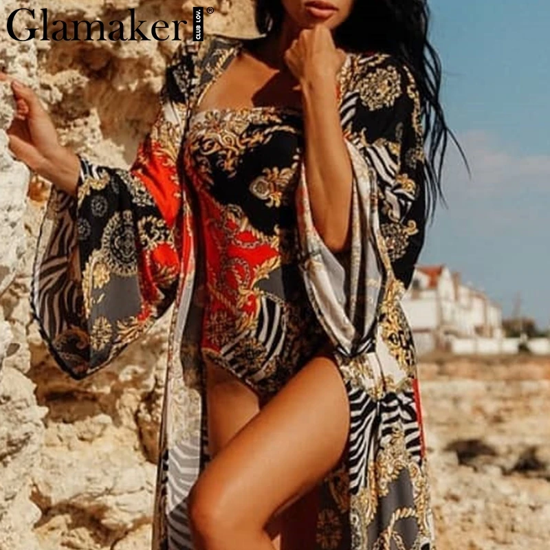 Женское длинное пляжное платье с винтажным принтом Glamaker летнее туника накидка