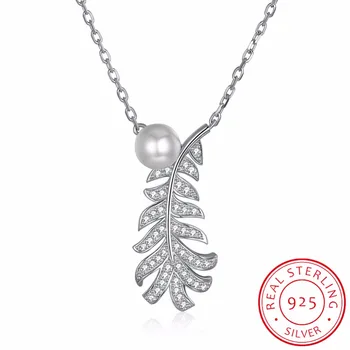

925 Sterling Silver Feather Pendant Necklace Micro Pave Cubic Zirconia with Pearl Mujer Moda Women Leaf Accessories Jewelry