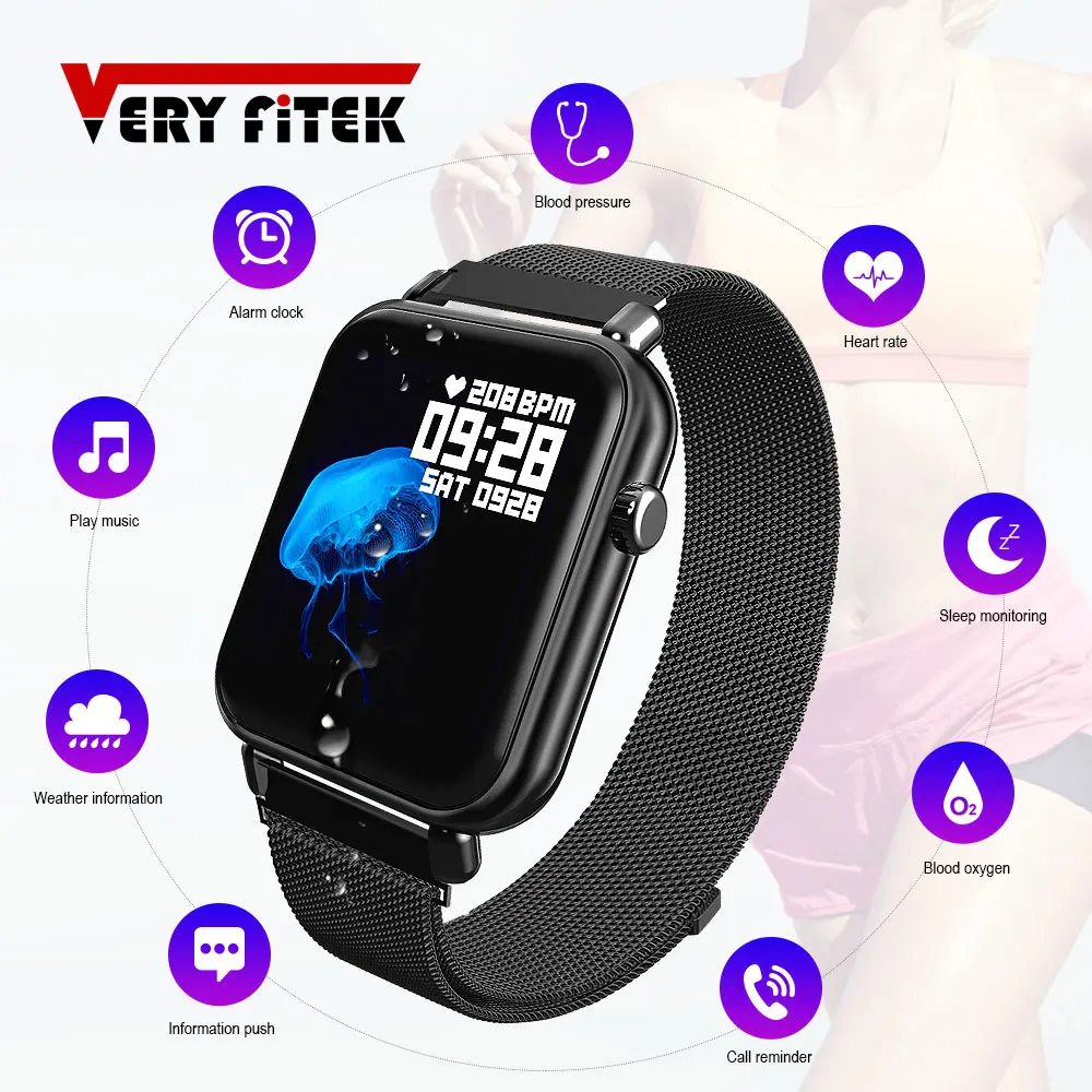  VERYFiTEK Blood Pressure Oxygen Smart Watch Heart Rate Monitor IP67 Fitness Bracelet Watch Women Me - 33019332947