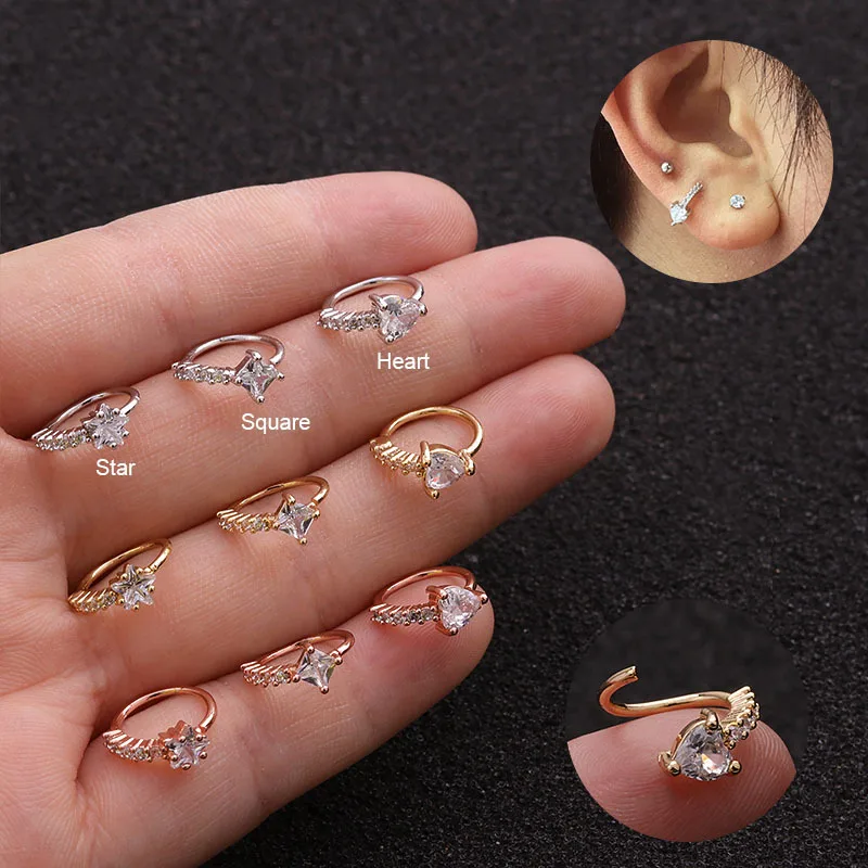 

Imixlot 1PC Zircon Star Square Heart Hoop Cartilage Helix Tragus Rook Earring Nose Hoop Ear And Nose Piercing Jewelry