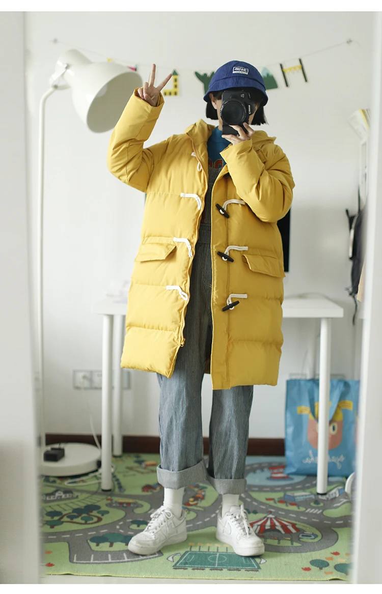 Женское повседневное Свободное пальто с хлопковой подкладкой с капюшоном, желтая однотонная Длинная зимняя куртка с роговой пряжкой, толстые парки, пальто для девушек