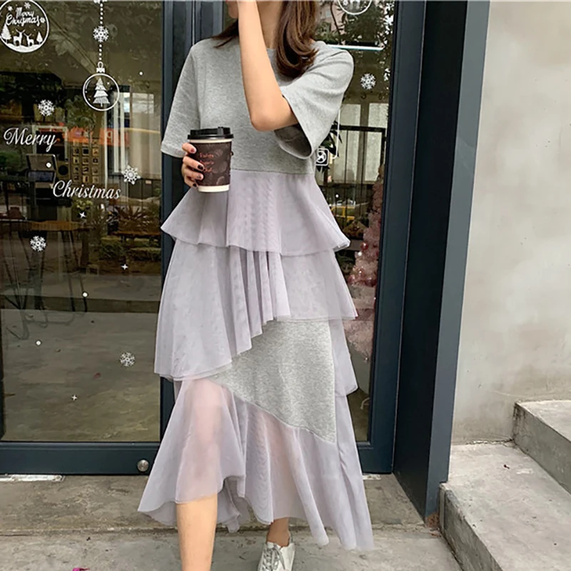 

Mesh Stitching Women's Sleeve Vestidos Summer Short O-Neck Casual Dress hot sale